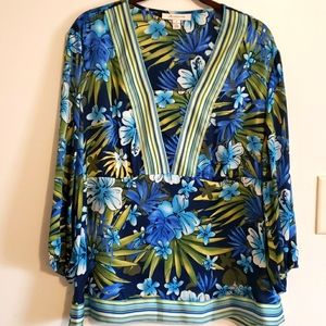 JM Collection blue floral 3/4 long sleev blouse 14